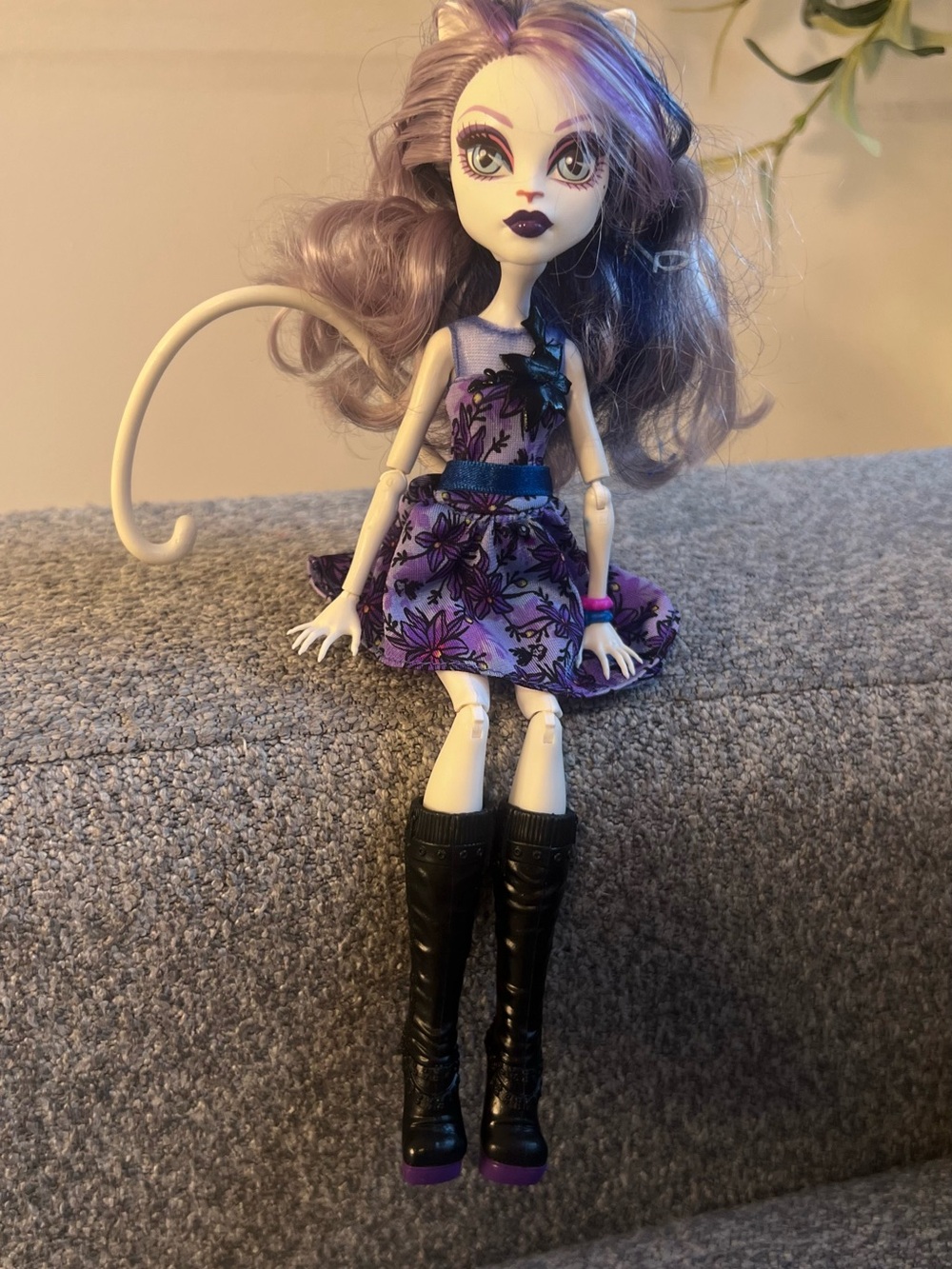 Purple Floral Cat Doll Dress on White Cat Doll